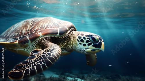 Giant turtle floating calmly underwater, bathed in rays of sunlight, Generative IA © Juanrastock