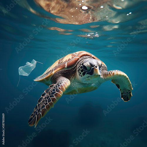 Giant sea turtle swimming in a sea, Generative IA of trash © Juanrastock