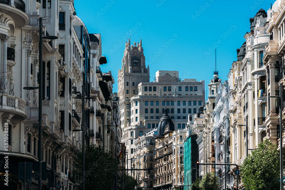 View of Gran Via, main shopping street in Madrid, Spain