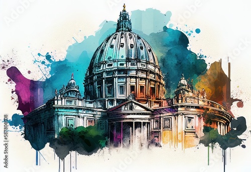 St. Peter's Basilica, Vatican. Watercolor style illustration by Generative AI.