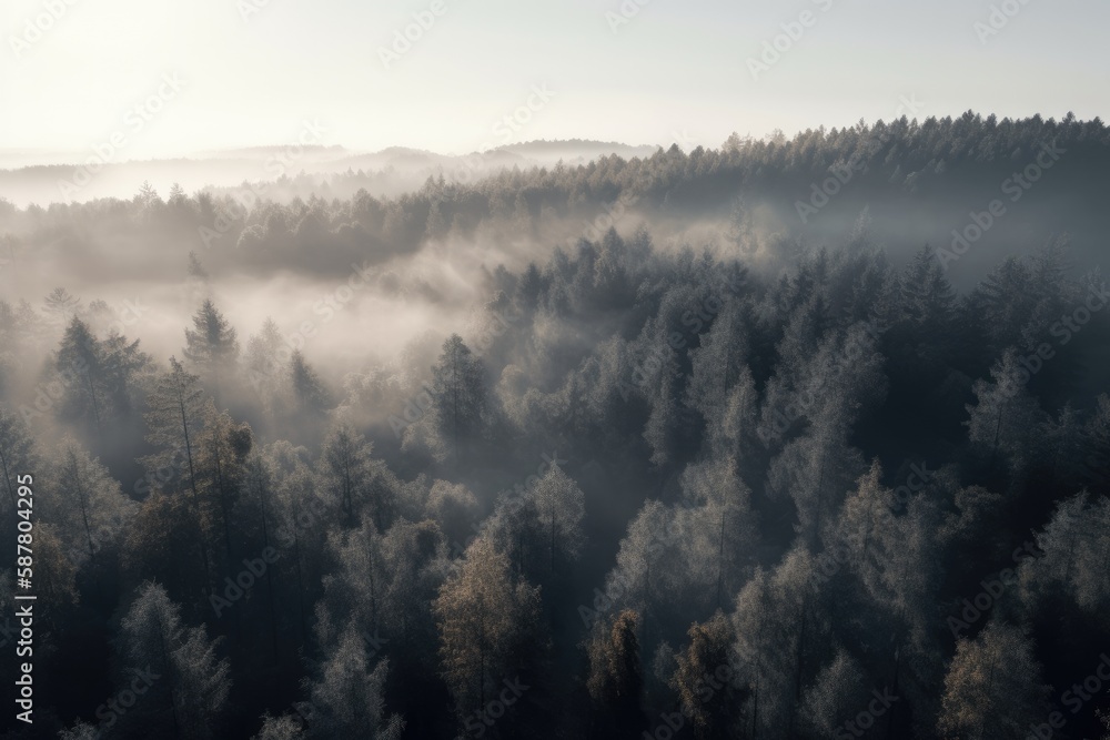 pine forest in the mountains, blanketed in morning mist. The trees rise tall and straight, with their branches covered in needles that are tinged with dew Generative AI