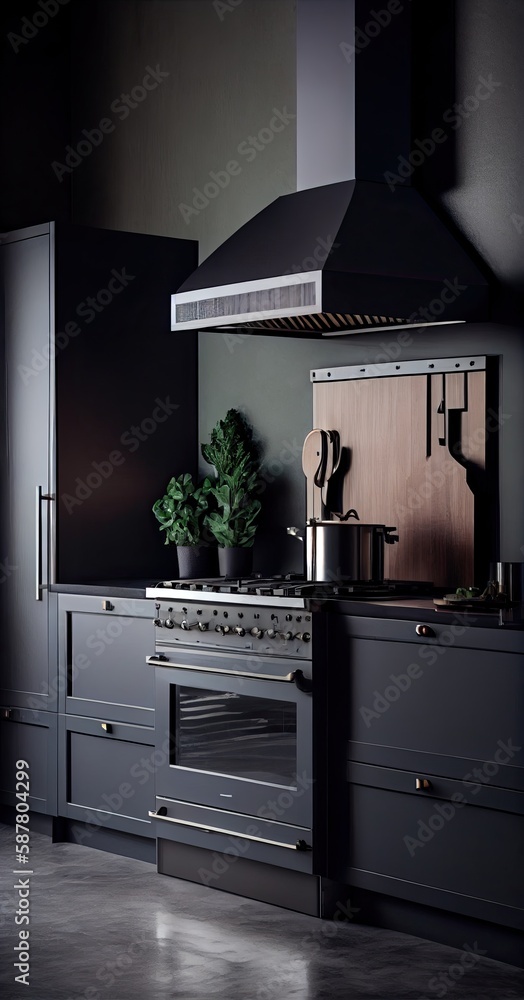 A modern interior design, open kitchen with black steam box and black ...