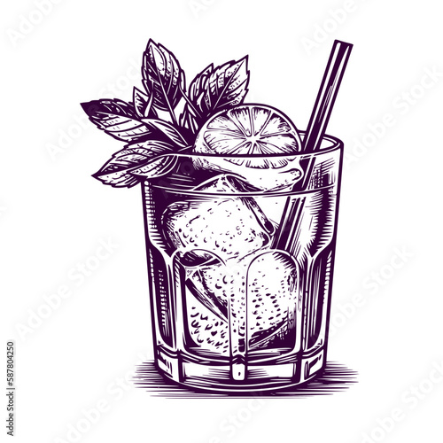 Cocktail illustration. Woodcut engraving style hand drawn vector illustration. Optimized vector.	
