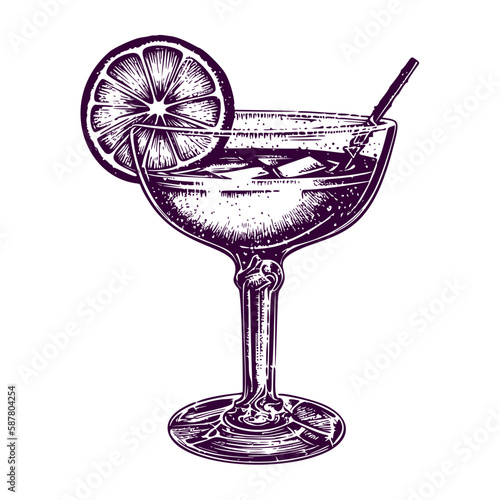 Cocktail illustration. Woodcut engraving style hand drawn vector illustration. Optimized vector.	
