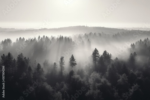 pine forest in the mountains, blanketed in morning mist. The trees rise tall and straight, with their branches covered in needles that are tinged with dew Generative AI © ChaoticMind