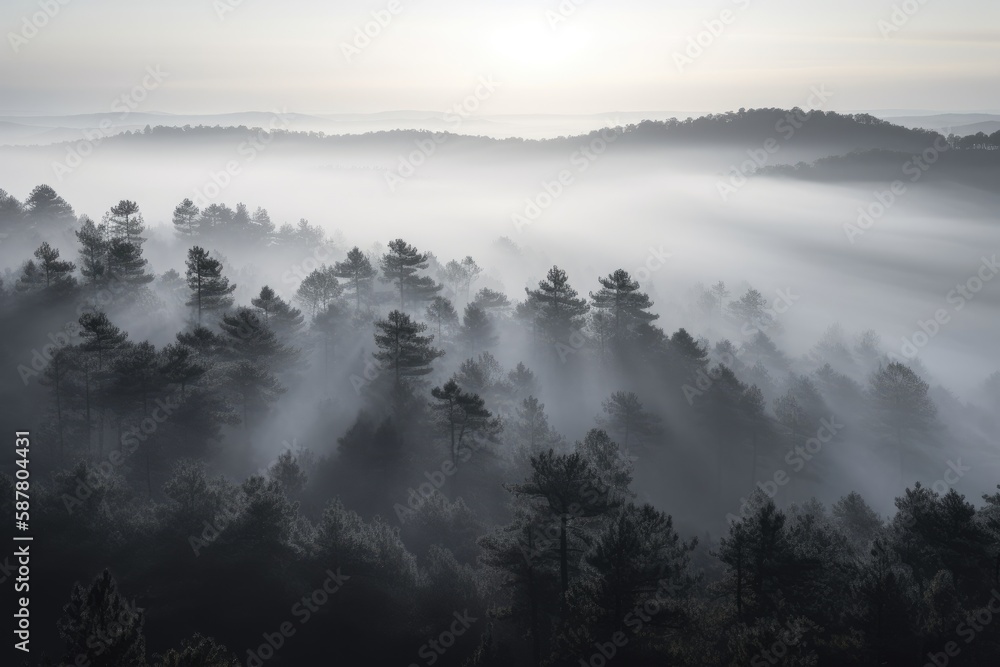 Fototapeta premium pine forest in the mountains, blanketed in morning mist. The trees rise tall and straight, with their branches covered in needles that are tinged with dew Generative AI