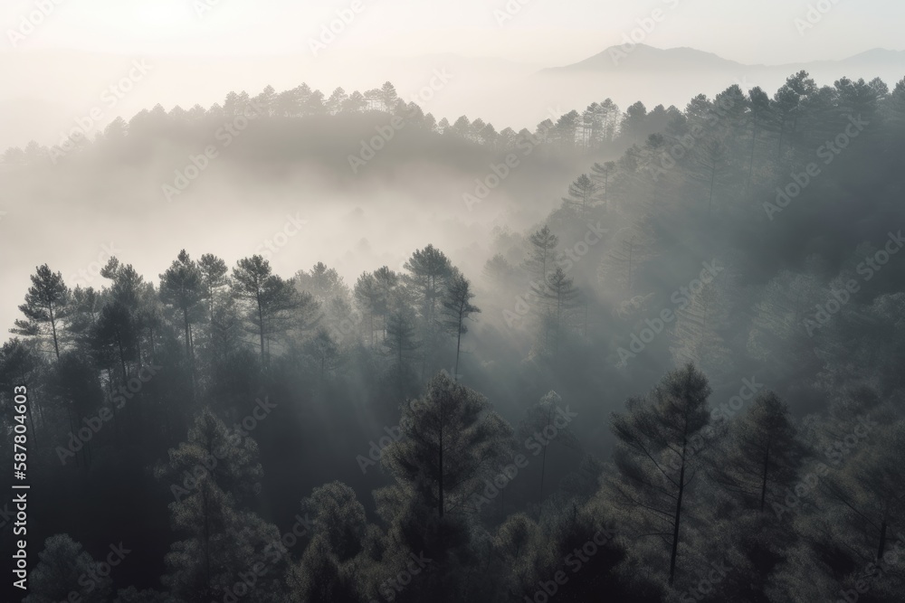 pine forest in the mountains, blanketed in morning mist. The trees rise tall and straight, with their branches covered in needles that are tinged with dew Generative AI pine forest in the mountains, blanketed in morning mist. The trees rise tall and straight, with their branches covered in needles that are tinged with dew Generative AI