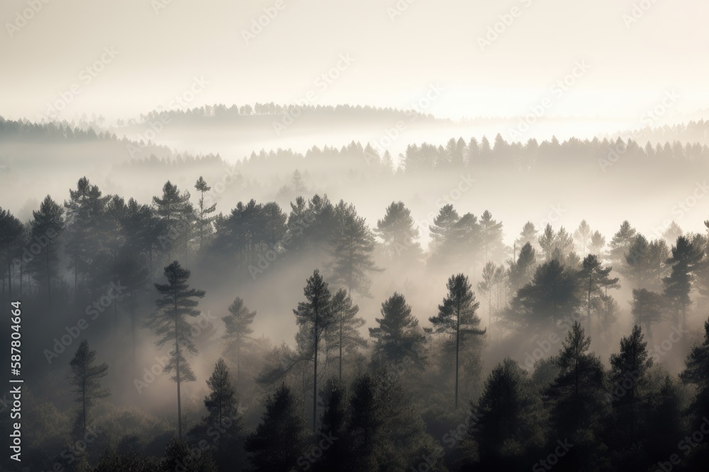 pine forest in the mountains, blanketed in morning mist. The trees rise tall and straight, with their branches covered in needles that are tinged with dew Generative AI pine forest in the mountains, blanketed in morning mist. The trees rise tall and straight, with their branches covered in needles that are tinged with dew Generative AI