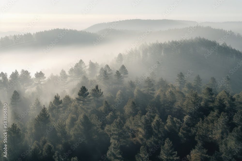 pine forest in the mountains, blanketed in morning mist. The trees rise tall and straight, with their branches covered in needles that are tinged with dew Generative AI pine forest in the mountains, blanketed in morning mist. The trees rise tall and straight, with their branches covered in needles that are tinged with dew Generative AI