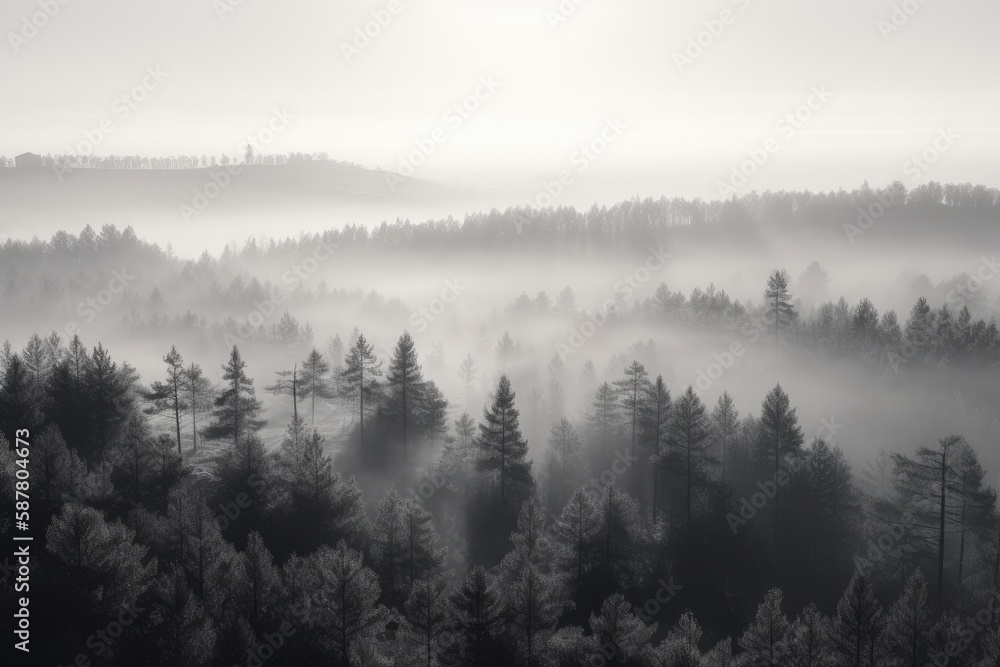 pine forest in the mountains, blanketed in morning mist. The trees rise tall and straight, with their branches covered in needles that are tinged with dew Generative AI