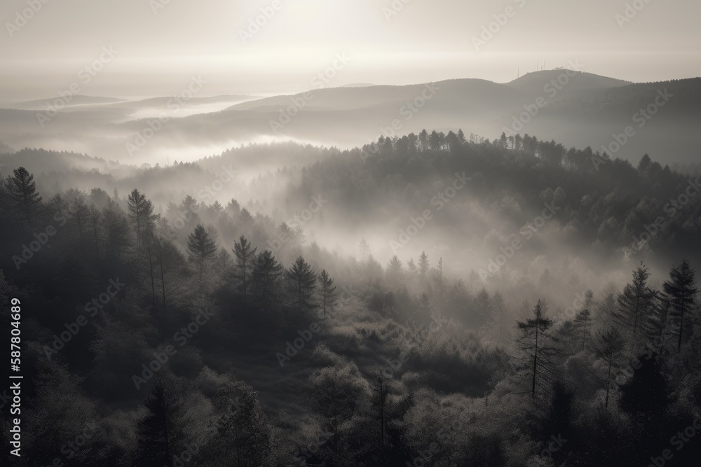 pine forest in the mountains, blanketed in morning mist. The trees rise tall and straight, with their branches covered in needles that are tinged with dew Generative AI pine forest in the mountains, blanketed in morning mist. The trees rise tall and straight, with their branches covered in needles that are tinged with dew Generative AI