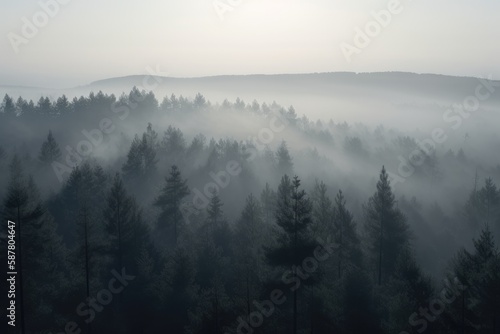 pine forest in the mountains  blanketed in morning mist. The trees rise tall and straight  with their branches covered in needles that are tinged with dew Generative AI