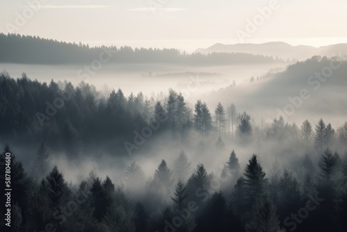 pine forest in the mountains, blanketed in morning mist. The trees rise tall and straight, with their branches covered in needles that are tinged with dew Generative AI © ChaoticMind