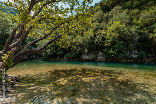 Mikro Papingo, Grece - July 15, 2020 - Voidomatis river near Papingo bridge in Pindus Mountains