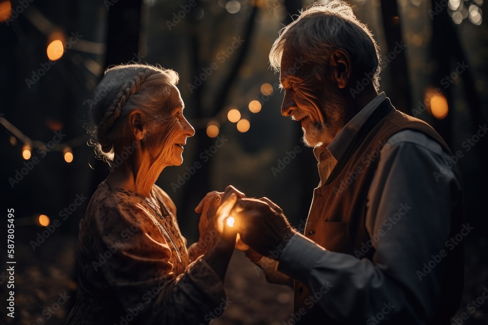 Nighttime party held in a beautifully decorated backyard. In the foreground, an older couple dances together, smiling and laughing as they enjoy the music and the atmosphere Generative AI Nighttime party held in a beautifully decorated backyard. In the foreground, an older couple dances together, smiling and laughing as they enjoy the music and the atmosphere Generative AI