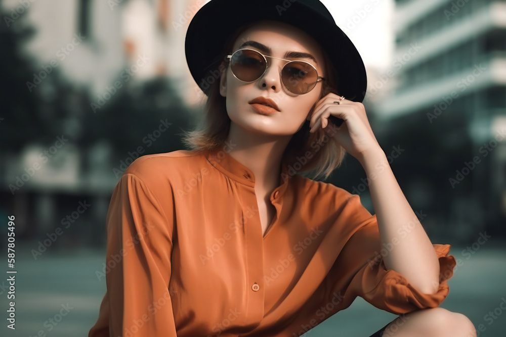 Fashion minimal fashion style, fresh and simple clothes. show the comfort,women model posing beautiful wear clothing hat and sunglasses minimal style collection trendy casual attire summer coolspring.