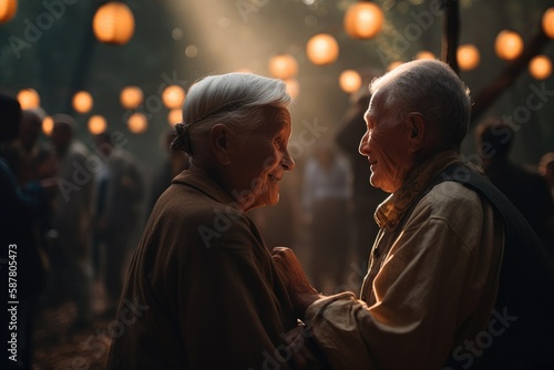 Nighttime party held in a beautifully decorated backyard. In the foreground  an older couple dances together  smiling and laughing as they enjoy the music and the atmosphere Generative AI