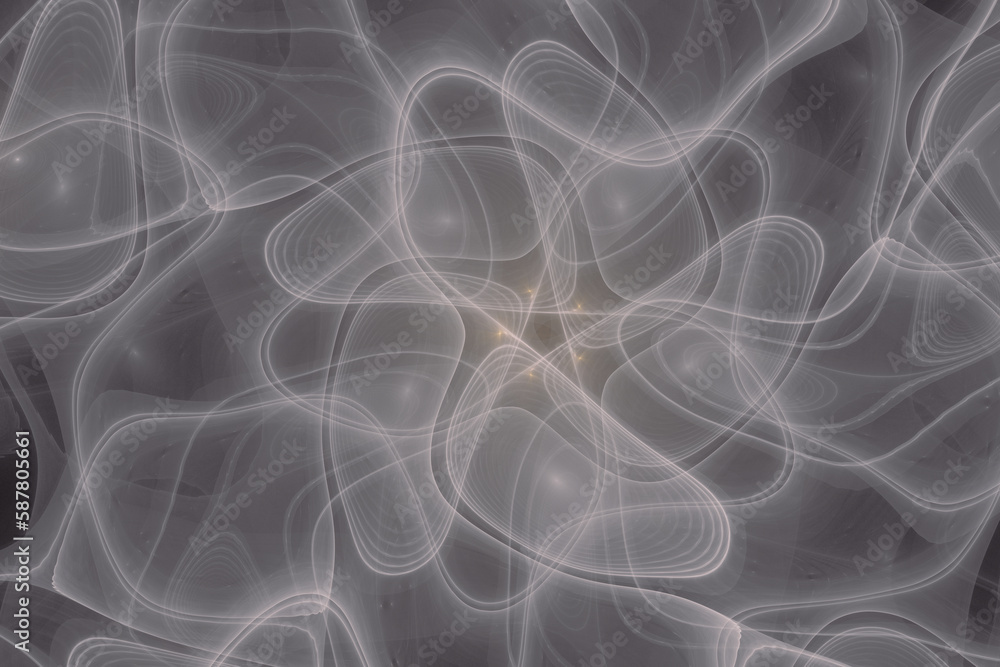 Fototapeta premium Gray pattern of crooked waves on a black background. Abstract fractal 3D rendering