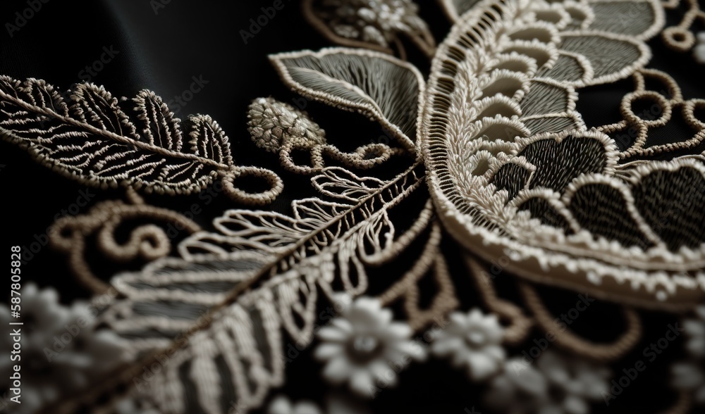 Obraz premium a close up of a black cloth with white flowers and leaves. generative ai