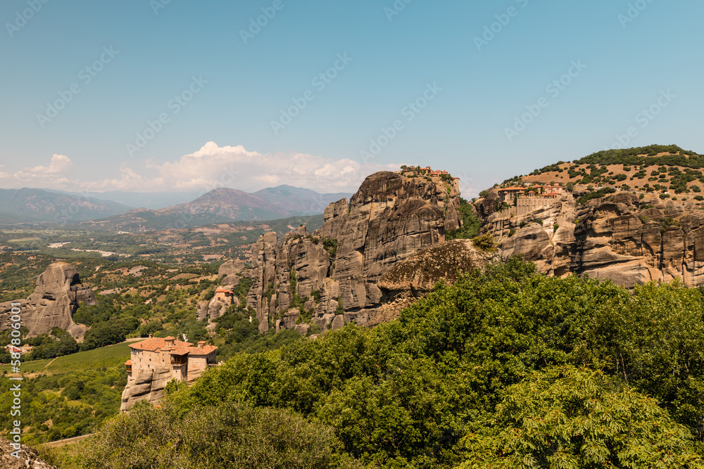 Kastraki, Grece - July 15, 2020 - Panorama of Kastraki Village at Meteora with high rocks and monasteries