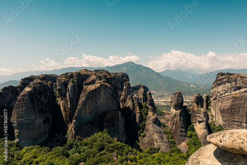 Kastraki, Grece - July 15, 2020 - Panorama of Kastraki Village at Meteora with high rocks and monasteries