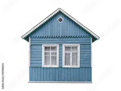 Old small blue wooden village house with two windows built of planks isolated