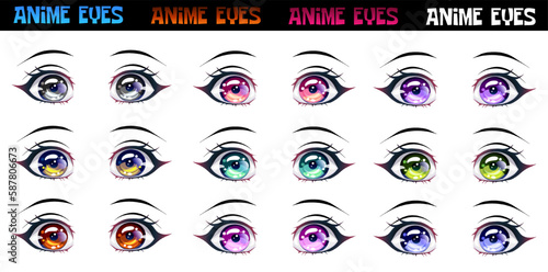 Set of female eyes of different colors in the style of manga.