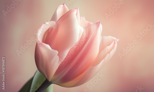  a pink tulip with a green stem on a pink background. generative ai