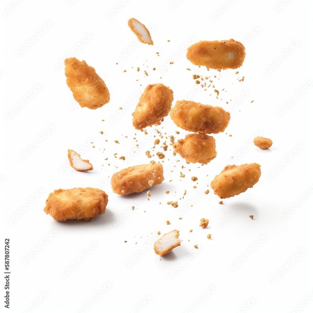 chicken nuggets flying with sauce on white background chicken nuggets flying with sauce on white background