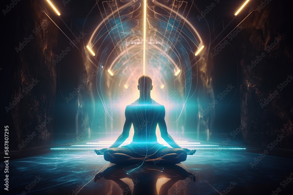 Illustration of human meditating, spirituality, astral body with light