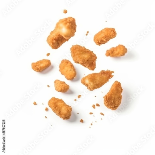 chicken nuggets flying with sauce on white background "ai generated"