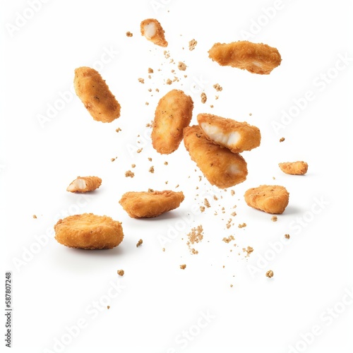 chicken nuggets flying with sauce on white background "ai generated"