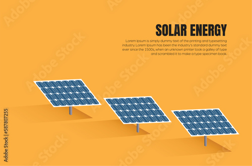 Solar panels farm in green fields during sunrise. Ecology environmental background for presentations, websites, infographics and banners.