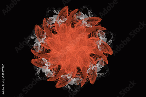 Orange floral pattern of crooked waves on a black background. Abstract fractal 3D rendering