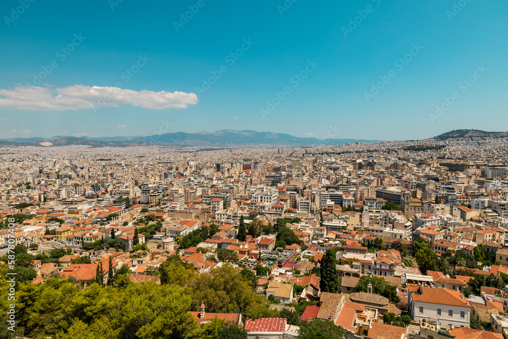 Athens, Grece - July 16, 2020 - Panorama of Athens seen form Ancient Parthenon on the Acropolis hill