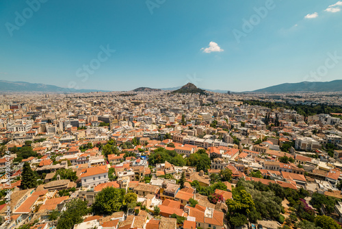 Athens, Grece - July 16, 2020 - Panorama of Athens seen form Ancient Parthenon on the Acropolis hill