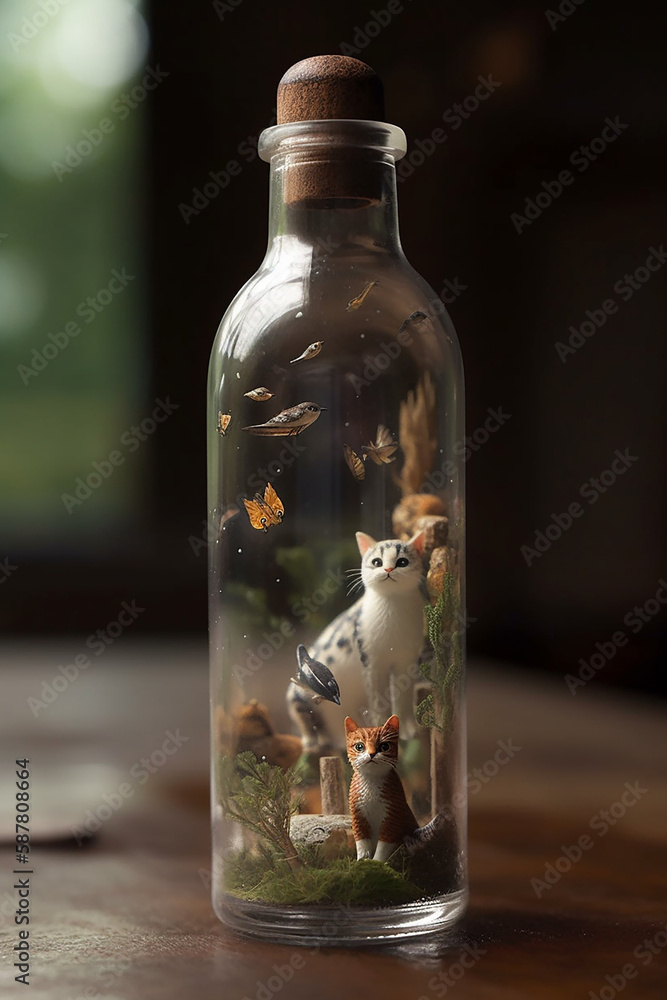 A little world inside a glass bottle with its own weather and animals, Generative AI A little world inside a glass bottle with its own weather and animals, Generative AI