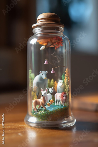 A little world inside a glass bottle with its own weather and animals, Generative AI