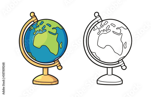 Globe on a stand in cute cartoon style. Vector illustration outline for coloring pages. 