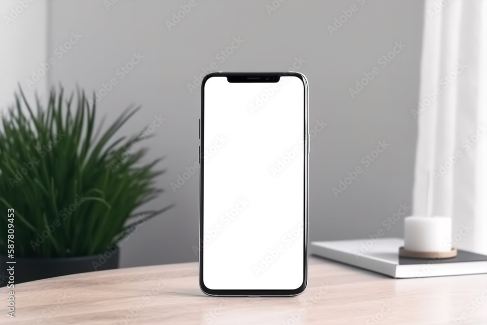 A blank white screen smartphone on a wooden table. smartphone screen mockup A blank white screen smartphone on a wooden table. smartphone screen mockup