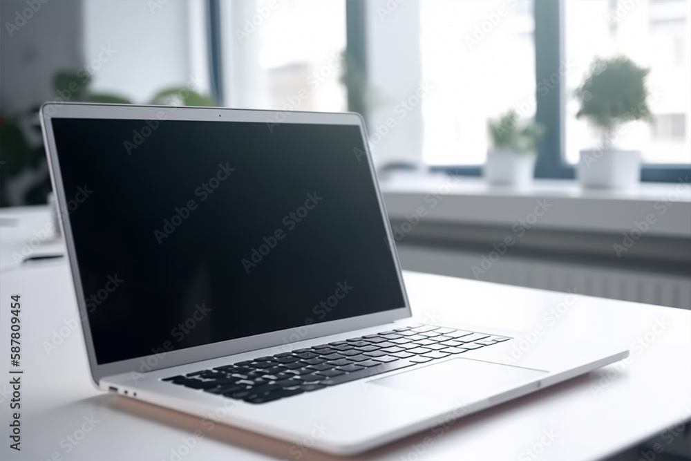 A blank screen laptop on a office table. Laptop screen mockup A blank screen laptop on a office table. Laptop screen mockup