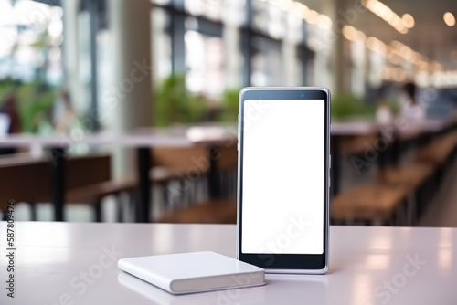 A blank white screen smartphone on a wooden table. smartphone screen mockup