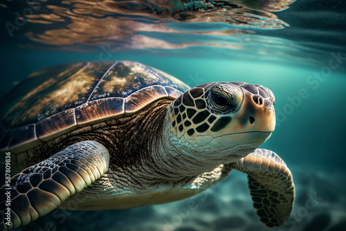 the turtle swims in the ocean with the sun shining on it and the sunshine in the sky above, with the sun shining in the middle of the water. Generative AI