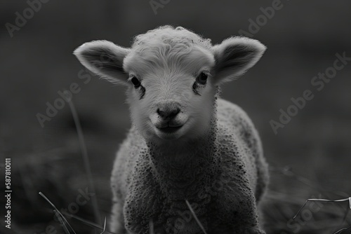 monochrome image featuring a woolly sheep. Generative AI