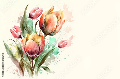Tulips. Multicolored watercola tulips on an abstract background. Copy space. Banner. Generative AI