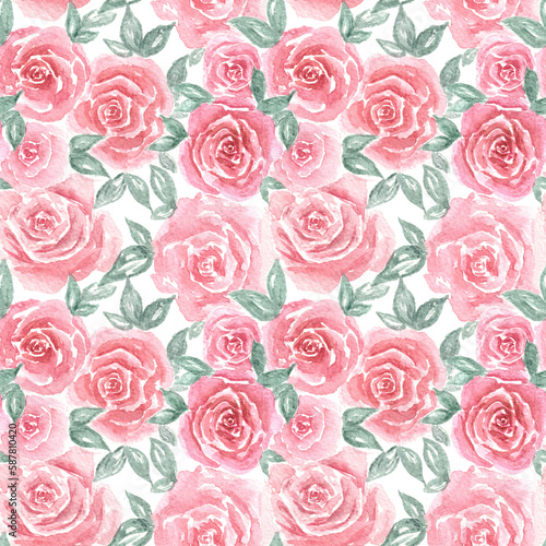 Watercolor hand drawn beautiful pink roses with green leaves on white background.Aquarelle floral backdrop as summer endless pattern for web design, printing cards, invitations, fabric and wrapping  © Sunny_Smile