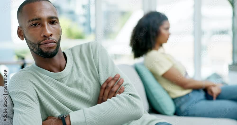 Couple, divorce and ignore with stress on sofa in home after fight or smoking problem. Interracial, cheating and sad, unhappy and depressed black man and woman with marriage conflict or infidelity. Couple, divorce and ignore with stress on sofa in home after fight or smoking problem. Interracial, cheating and sad, unhappy and depressed black man and woman with marriage conflict or infidelity.