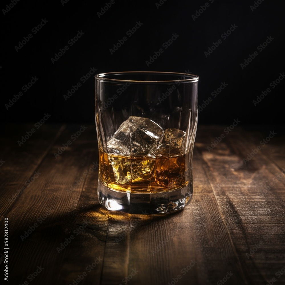 Glass of scotch whiskey and ice on old wooden table over black background. Banner with copy space Generative AI Glass of scotch whiskey and ice on old wooden table over black background. Banner with copy space Generative AI