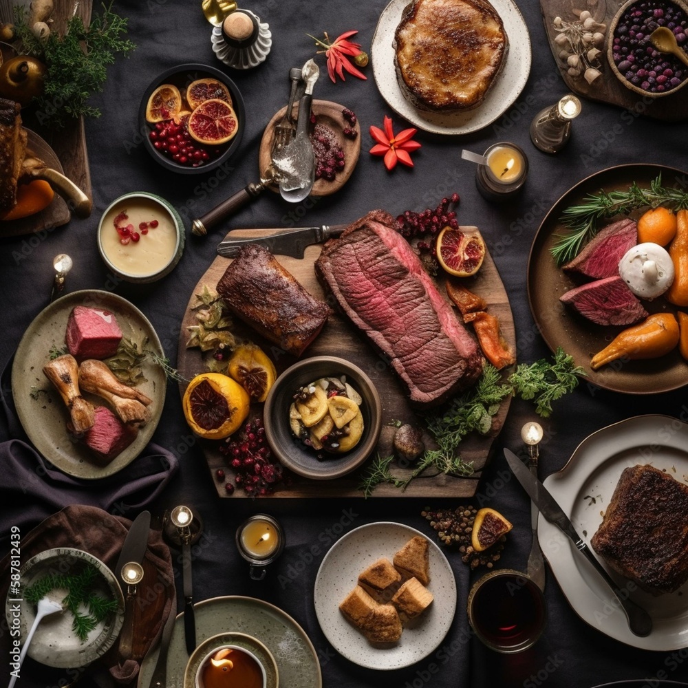 Flat lay of Delicious Christmas themed dinner table with roasted meat steak, appetizers and desserts. Top view. Holiday concept. Generative AI