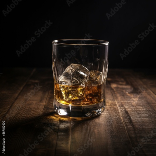 Glass of scotch whiskey and ice on old wooden table over black background. Banner with copy space Generative AI